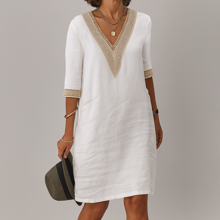 Lioren | Women’s Stylish Linen Midi Dress with V-neckline and Trim Contrast