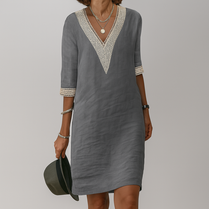 Lioren | Women’s Stylish Linen Midi Dress with V-neckline and Trim Contrast