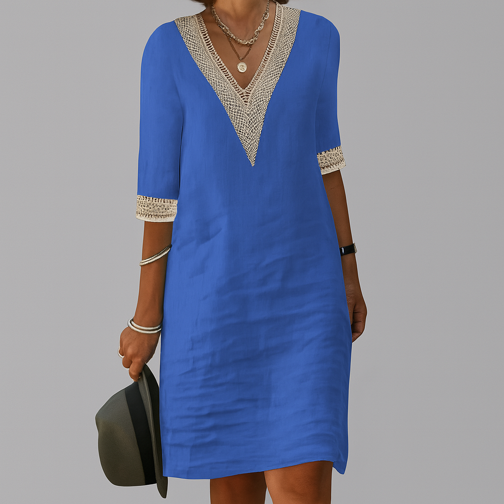 Lioren | Women’s Stylish Linen Midi Dress with V-neckline and Trim Contrast