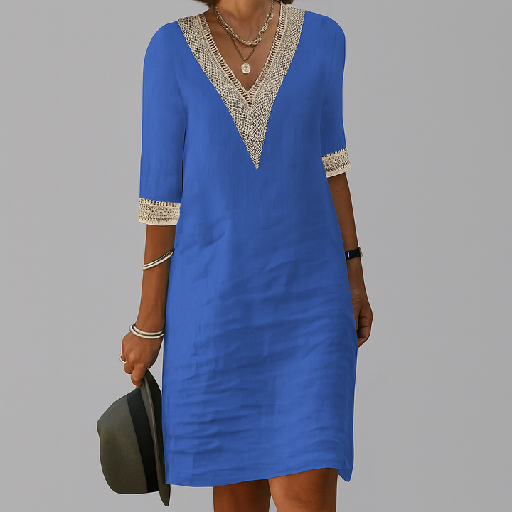 Lioren | Women’s Stylish Linen Midi Dress with V-neckline and Trim Contrast