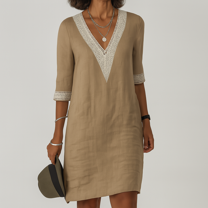 Lioren | Women’s Stylish Linen Midi Dress with V-neckline and Trim Contrast