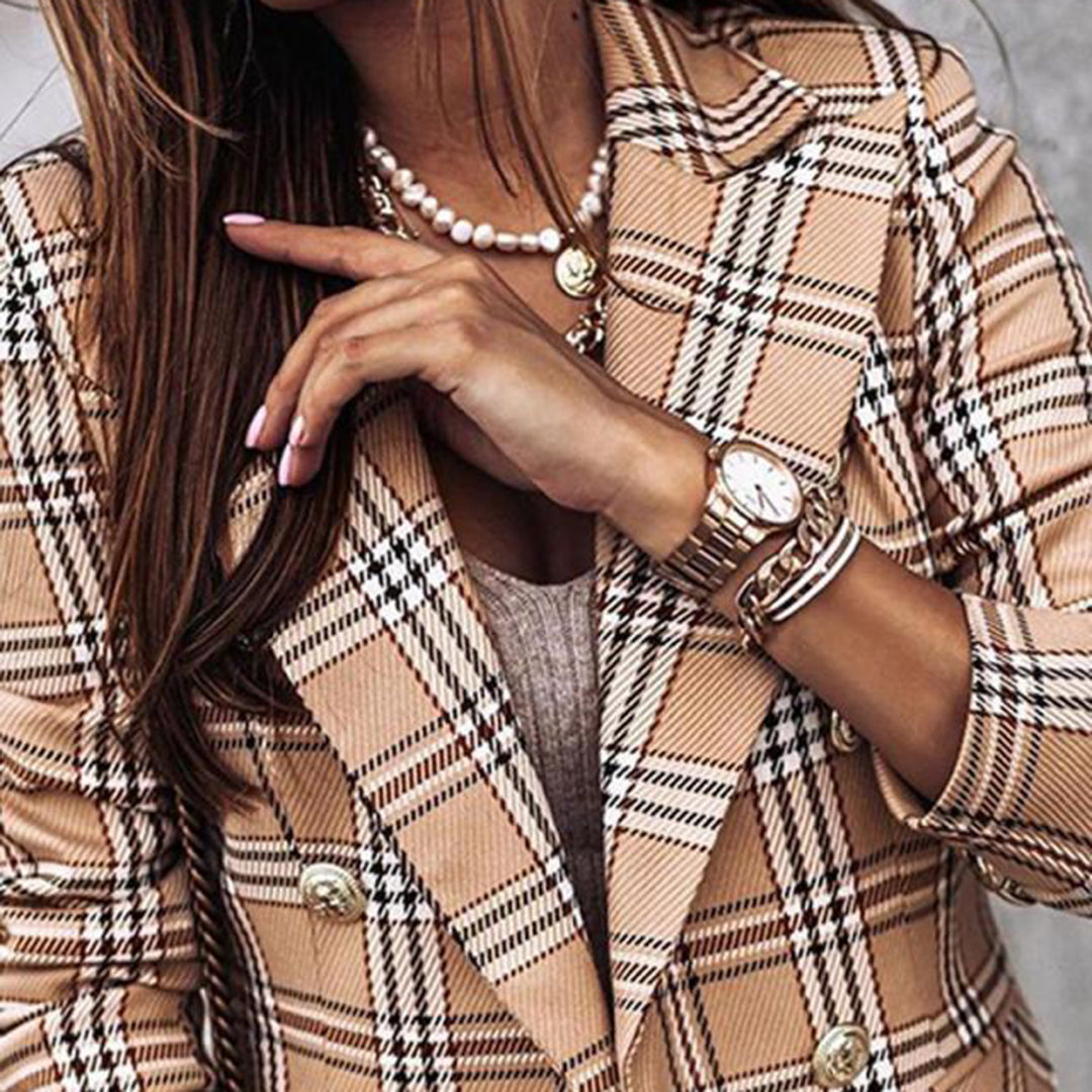 Thea | Women's Checkered Blazer with Gold Buttons