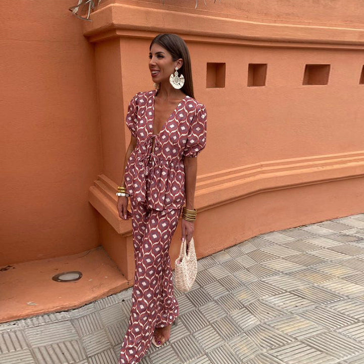 Lisa | Women’s Printed Two-Piece Set with V-neck Top and Pants