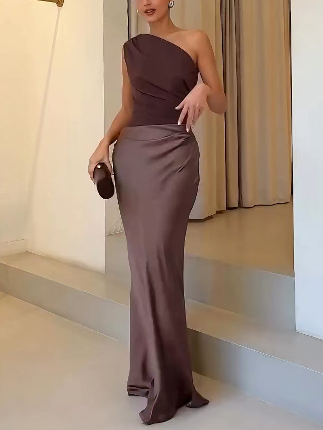 Anita | Women's Elegant One Shoulder Neck Pleated Party Maxi Dress