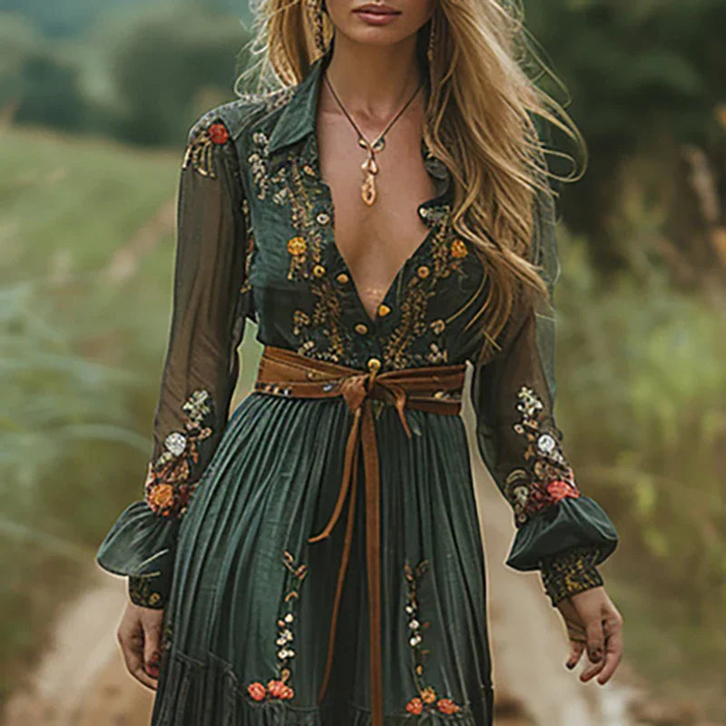 Sylvara | Women's Bohemian Floral Maxi Dress with Long Sleeve and V-neck