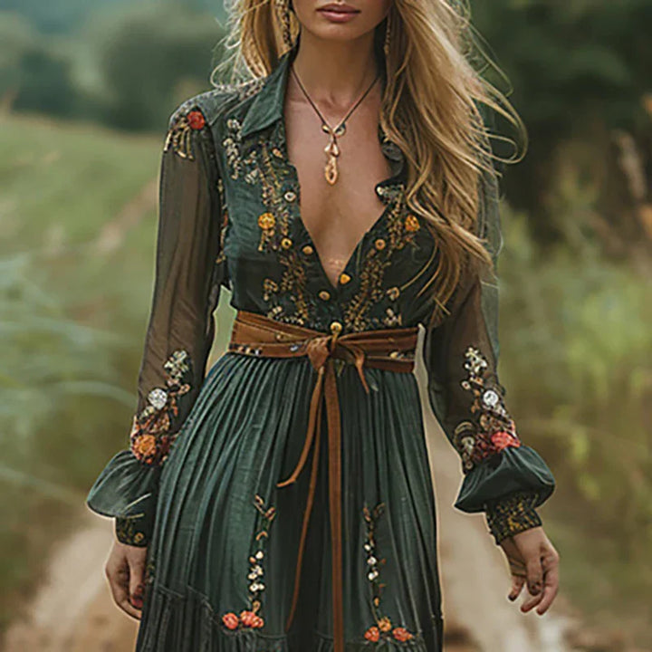 Sylvara | Women's Bohemian Floral Maxi Dress with Long Sleeve and V-neck