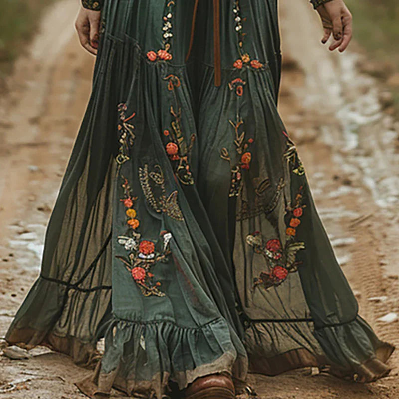 Sylvara | Women's Bohemian Floral Maxi Dress with Long Sleeve and V-neck