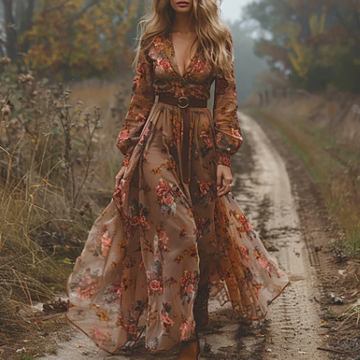 Sylvara | Women's Bohemian Floral Maxi Dress with Long Sleeve and V-neck