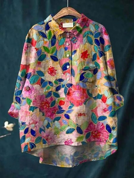 Linnea | Women's Lightweight Floral Blouse with Half Buttons and Collar