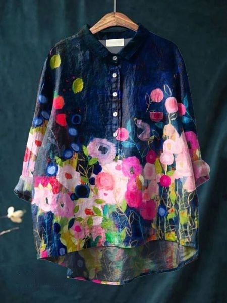 Linnea | Women's Lightweight Floral Blouse with Half Buttons and Collar