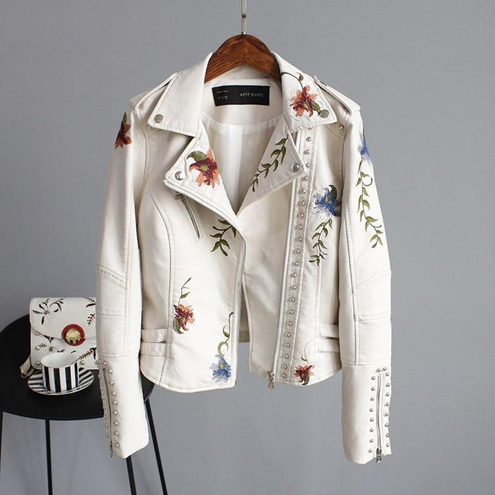 Ravenna | Women's Floral Embroidered Leather Jacket with Silver Beads