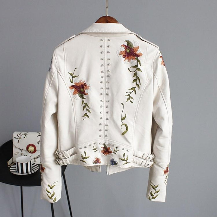 Ravenna | Women's Floral Embroidered Leather Jacket with Silver Beads