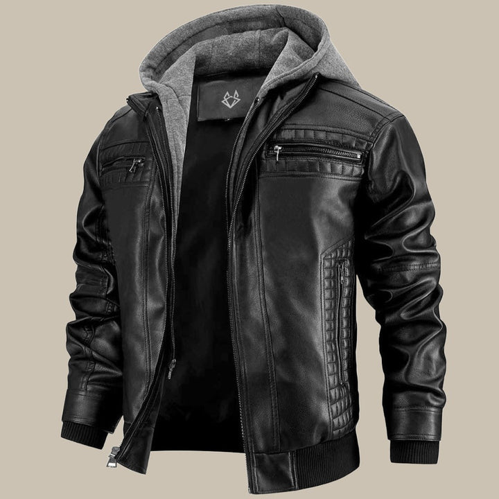 Xavier | Men's Leather Bomber Jacket with Hood with Ribbed Cuff