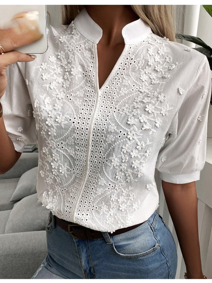 Luisa | Women’s Floral Puff Sleeve Blouse with Eyelet and Embroidered