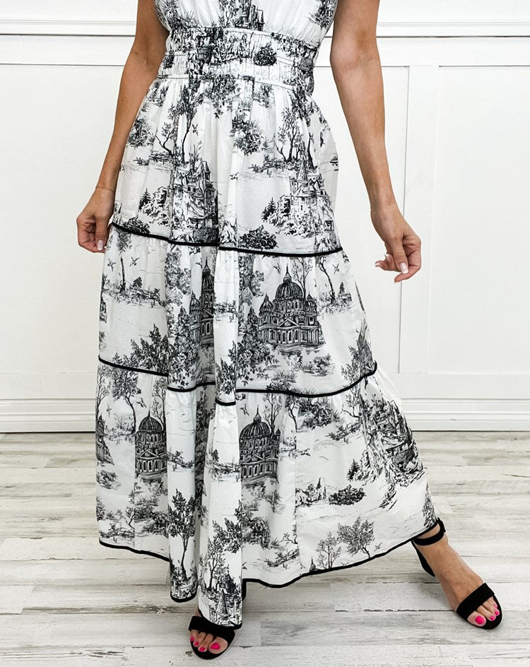 Toulise | Women's Toile Print Maxi Dress with Short Sleeve