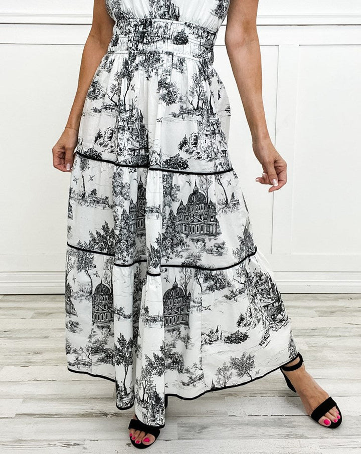 Toulise | Women's Toile Print Maxi Dress with Short Sleeve