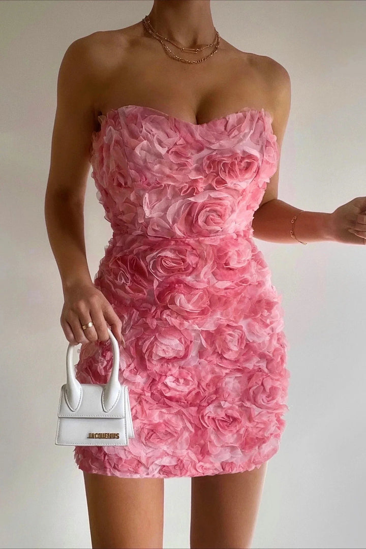 Islaine | Women’s Elegant Strapless Mini Dress with 3D Floral
