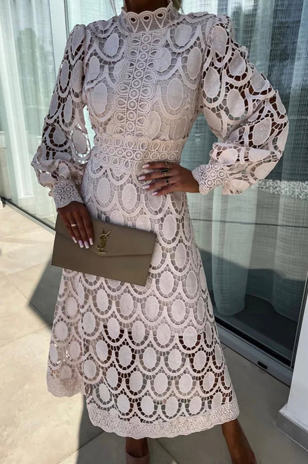 Mina | Women's Lace Detail Puff Sleeve Midi Dress with Hgh Neck