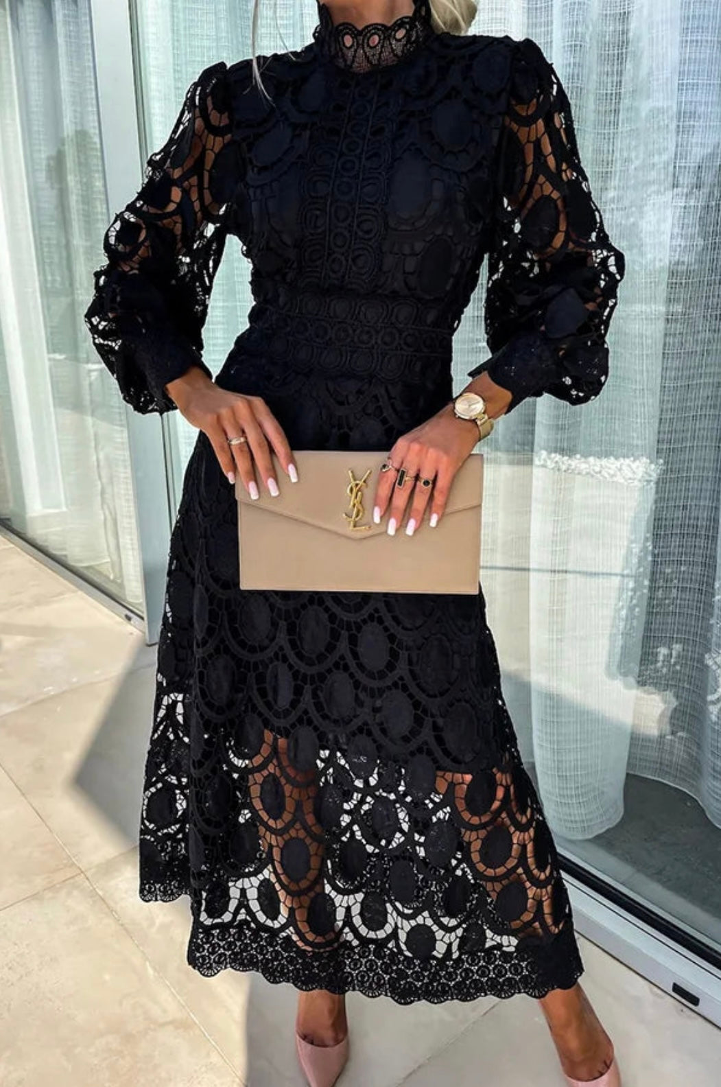 Mina | Women's Lace Detail Puff Sleeve Midi Dress with Hgh Neck