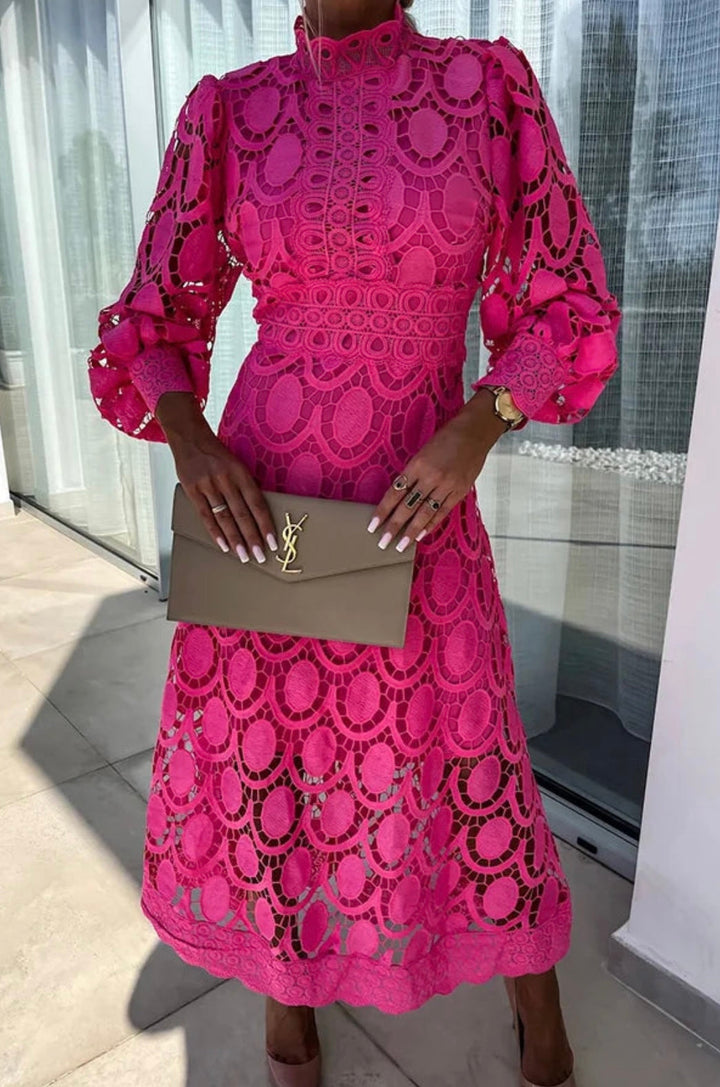 Mina | Women's Lace Detail Puff Sleeve Midi Dress with Hgh Neck