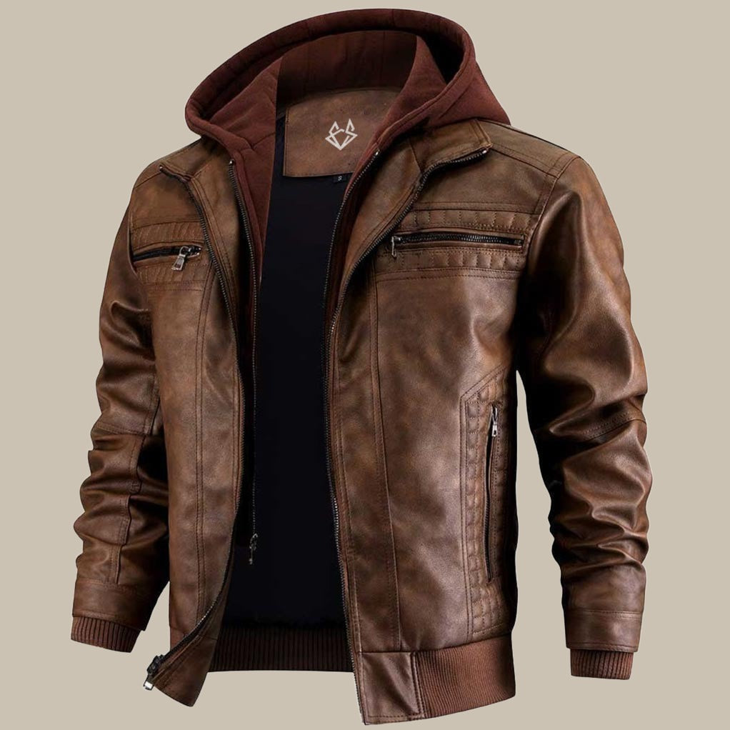 Xavier | Men's Leather Bomber Jacket with Hood with Ribbed Cuff