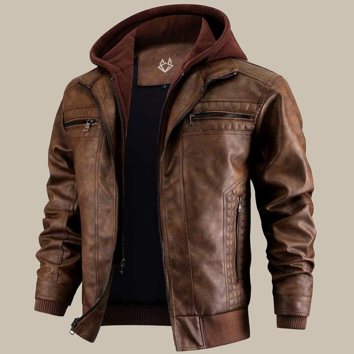 Xavier | Men's Leather Bomber Jacket with Hood with Ribbed Cuff