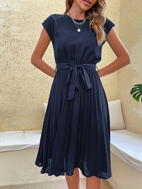 Arlena | Women’s Short Sleeve Pleated Midi Dress with Belt