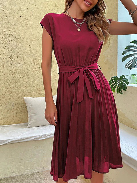 Arlena | Women’s Short Sleeve Pleated Midi Dress with Belt