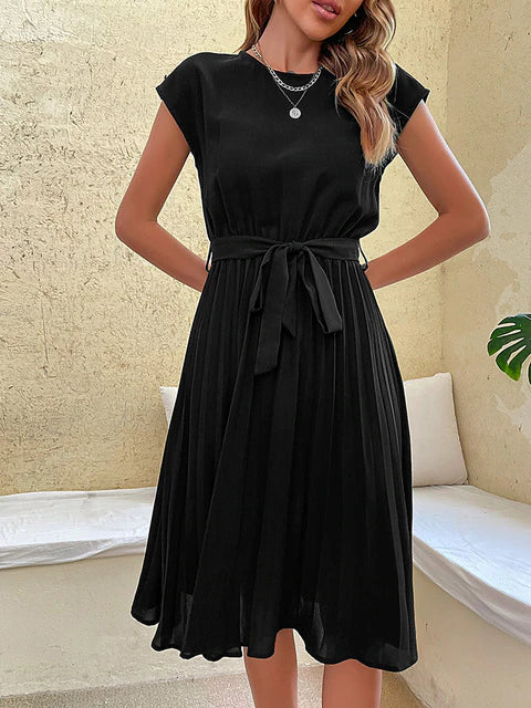 Arlena | Women’s Short Sleeve Pleated Midi Dress with Belt