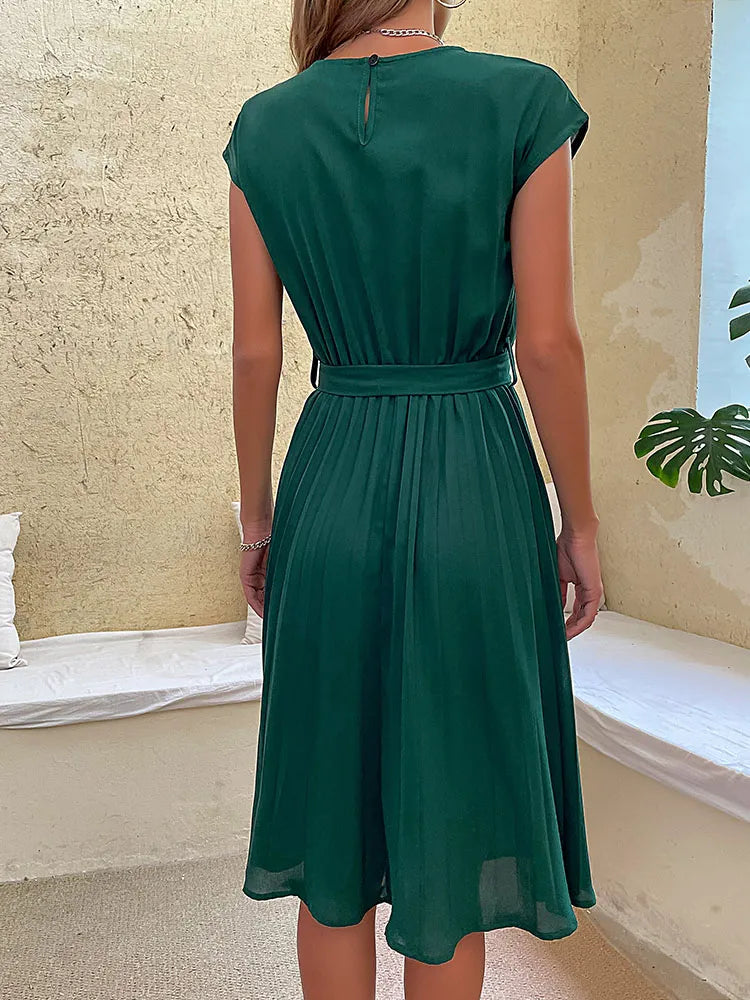 Arlena | Women’s Short Sleeve Pleated Midi Dress with Belt