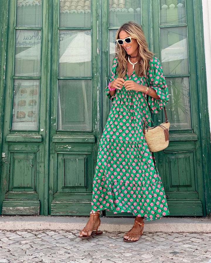 Ophira | Women's Puff Sleeve Boho Dress with V-neckline