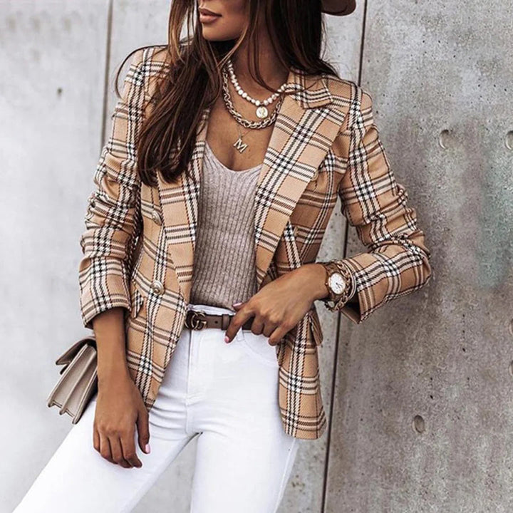 Thea | Women's Checkered Blazer with Gold Buttons