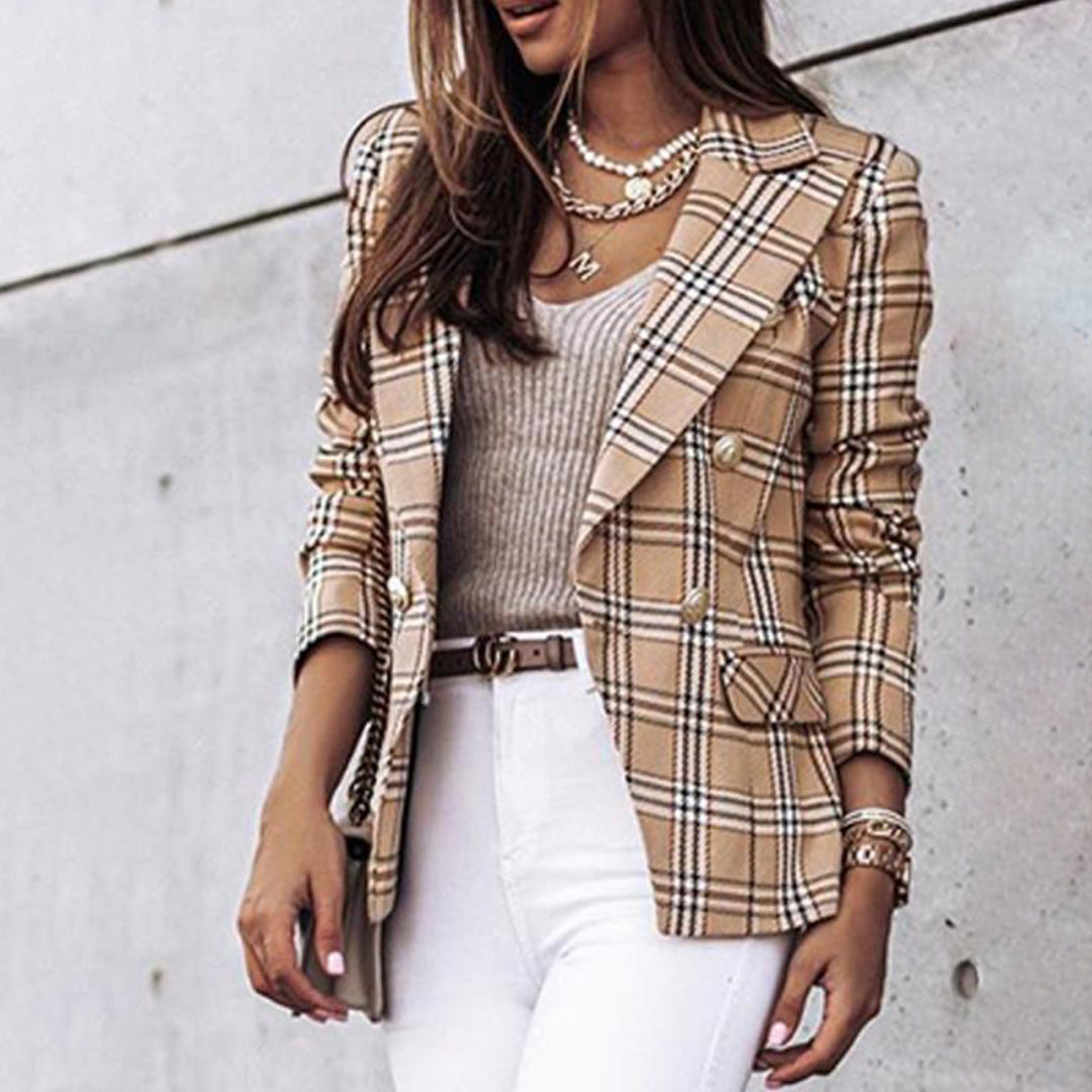 Thea | Women's Checkered Blazer with Gold Buttons