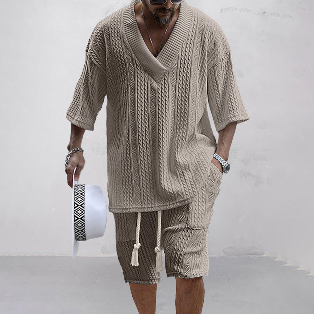 Merrick | Knit V Neck Shirt and Drawstring Shorts Set