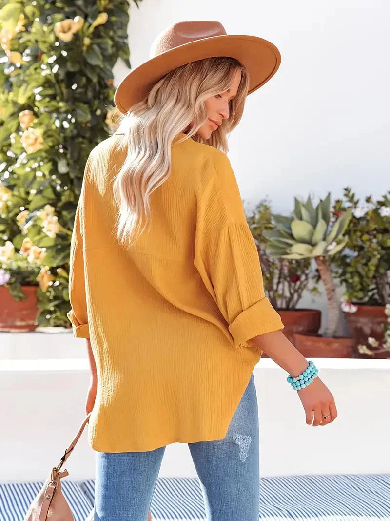 Ashley | Women’s Casual Folded Sleeve Top with Buttons and Pocket