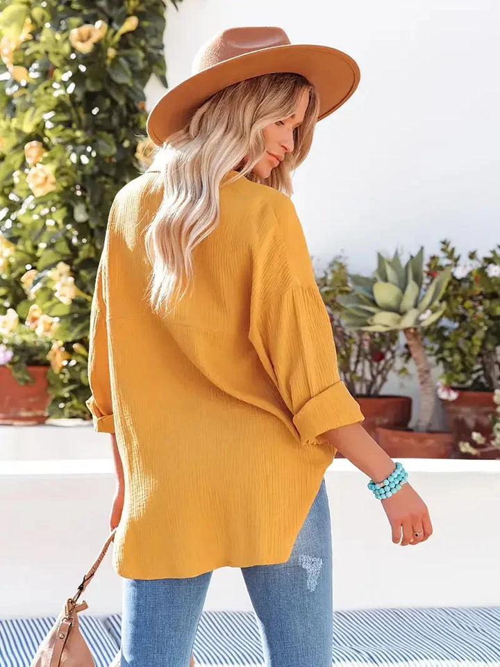Ashley | Women’s Casual Folded Sleeve Top with Buttons and Pocket