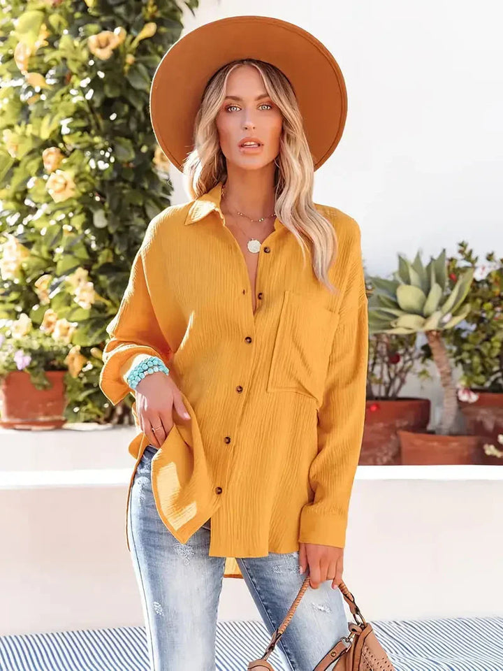 Ashley | Women’s Casual Folded Sleeve Top with Buttons and Pocket