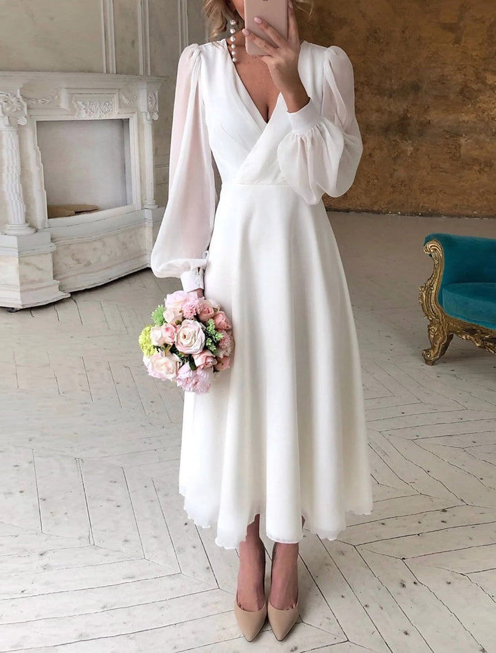 Isolde | Women’s Puff Sleeve Midi Bridal Dress with V-neckline