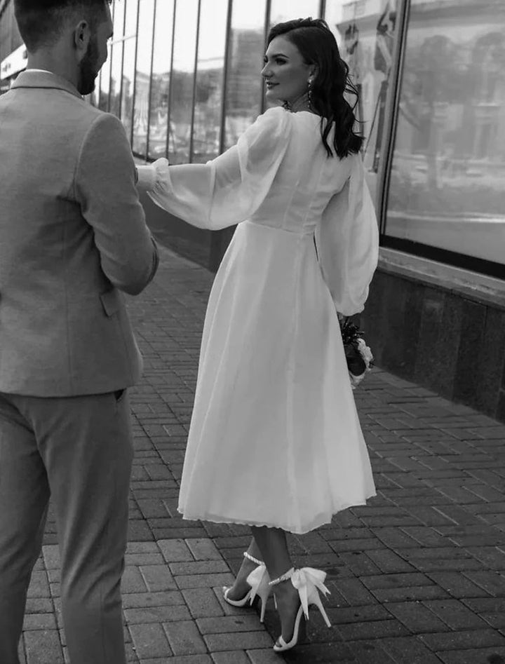 Isolde | Women’s Puff Sleeve Midi Bridal Dress with V-neckline