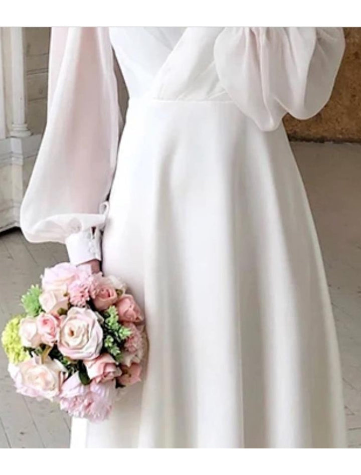 Isolde | Women’s Puff Sleeve Midi Bridal Dress with V-neckline