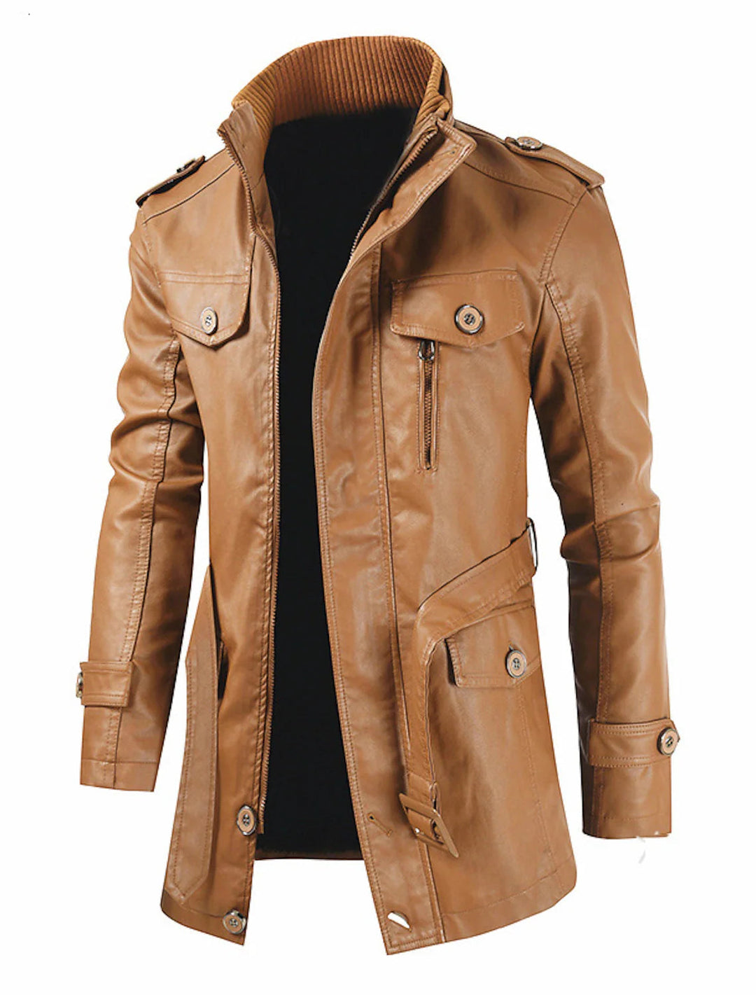 Daxen | Men's Belted Leather Jacket with Stand Collar