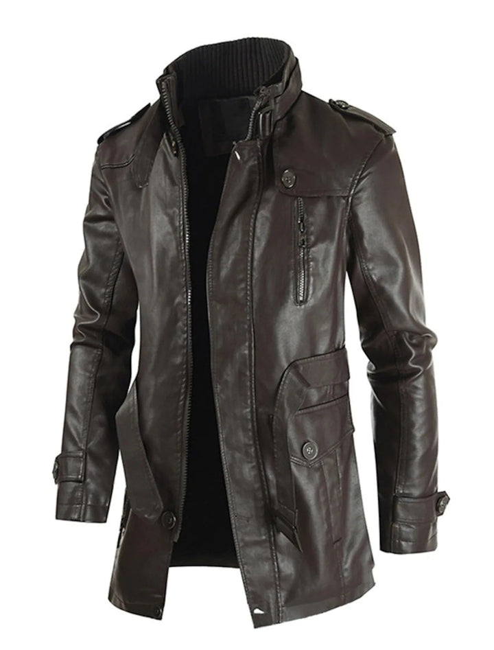 Daxen | Men's Belted Leather Jacket with Stand Collar