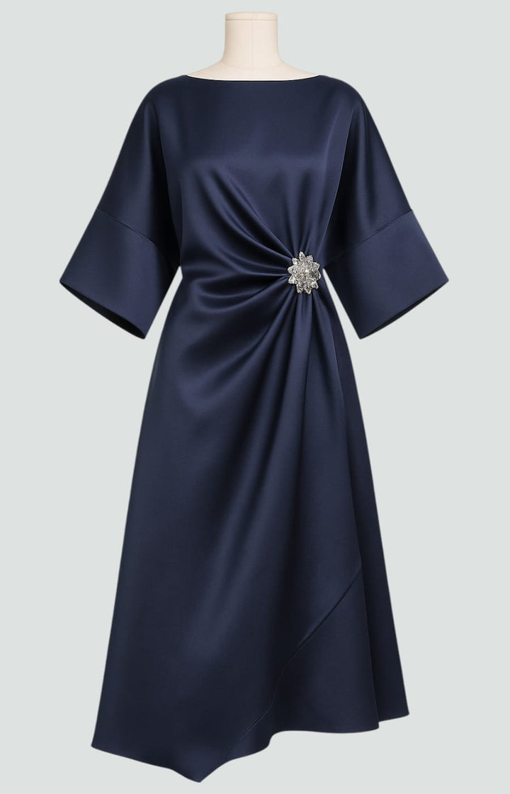 Arianne | Women's Elegant  Draped Satin Dress with Brooch Detail