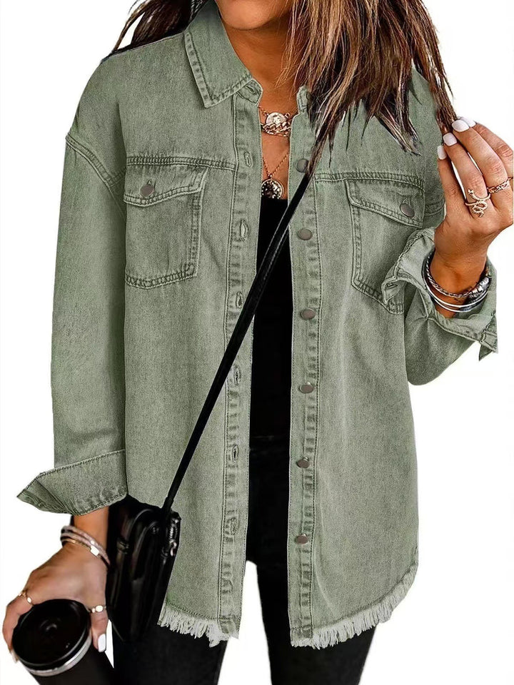 Cressida | Women's Classic Button Front Denim Jacket with Tassel Hem