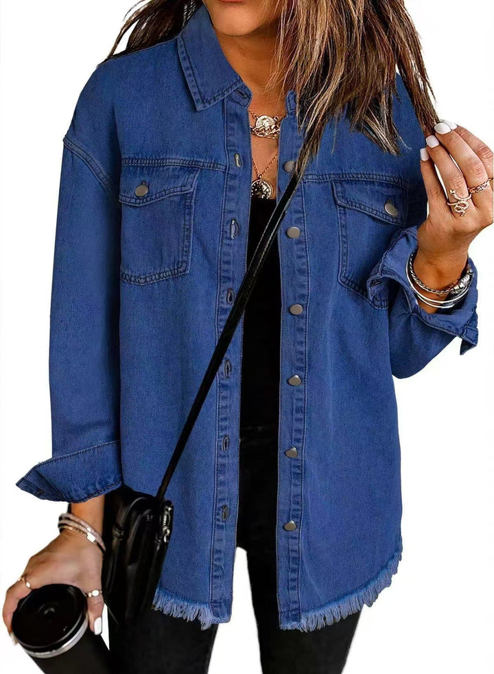 Cressida | Women's Classic Button Front Denim Jacket with Tassel Hem