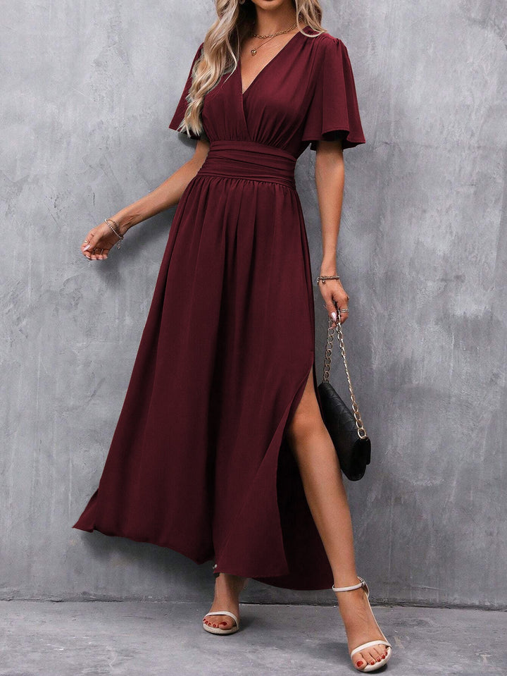 Carol | Women’s V-neck Maxi Dress with Short Sleeves and Slit