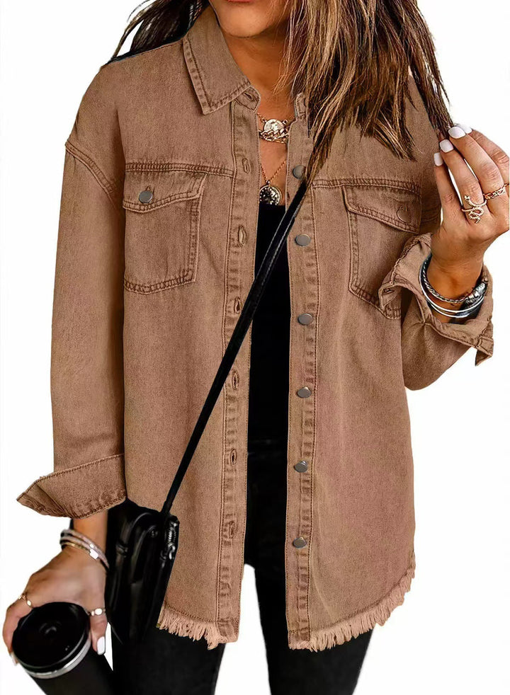 Cressida | Women's Classic Button Front Denim Jacket with Tassel Hem