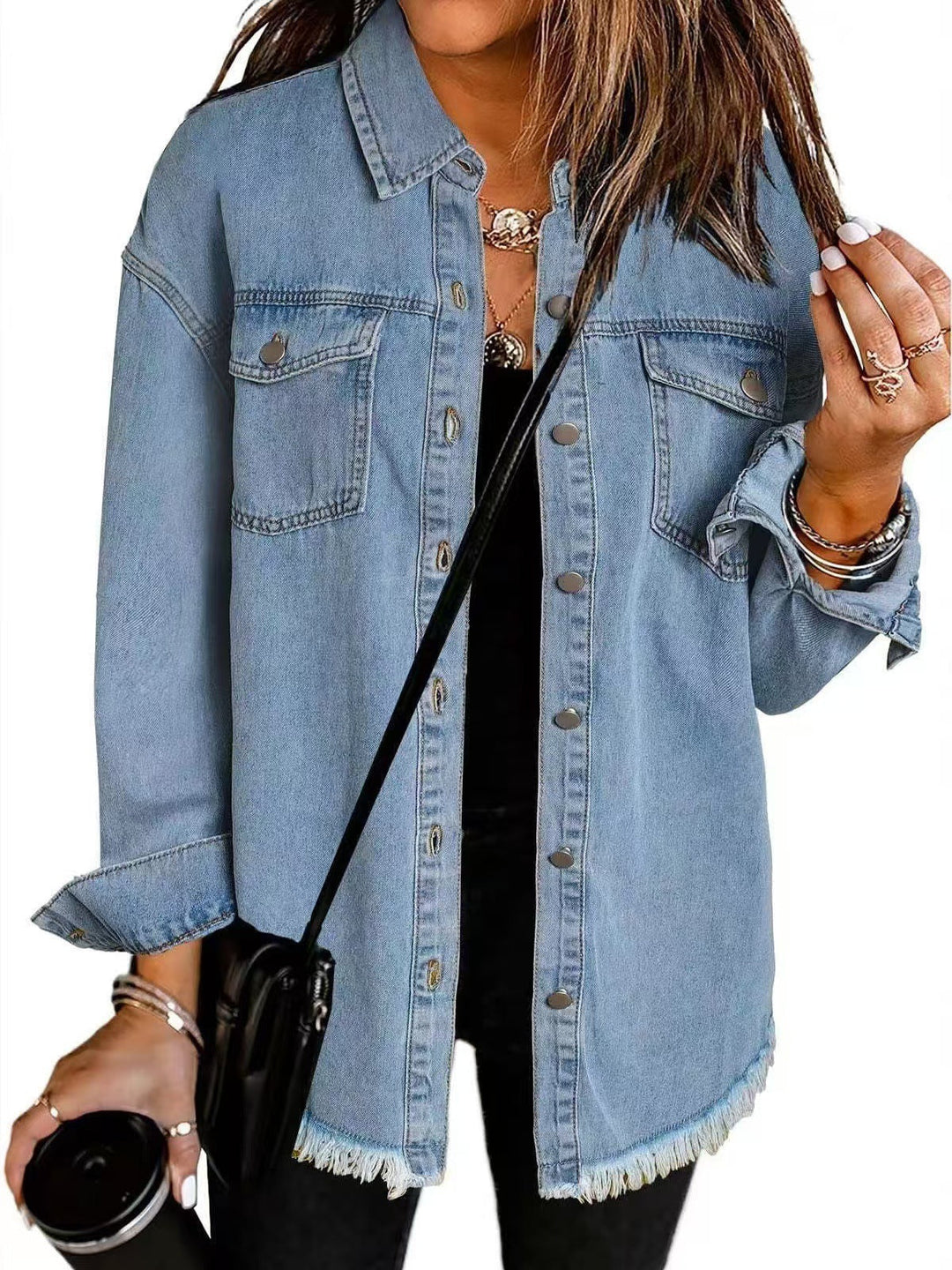 Cressida | Women's Classic Button Front Denim Jacket with Tassel Hem