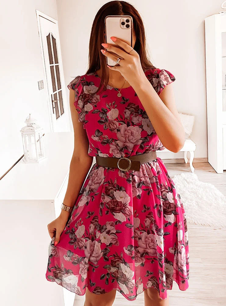 Annelie | Women’s Floral Chiffon Midi Dress with Ruffle Sleeves