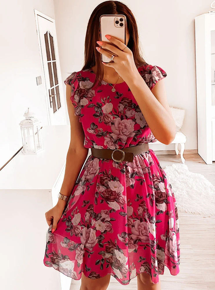 Annelie | Women’s Floral Chiffon Midi Dress with Ruffle Sleeves